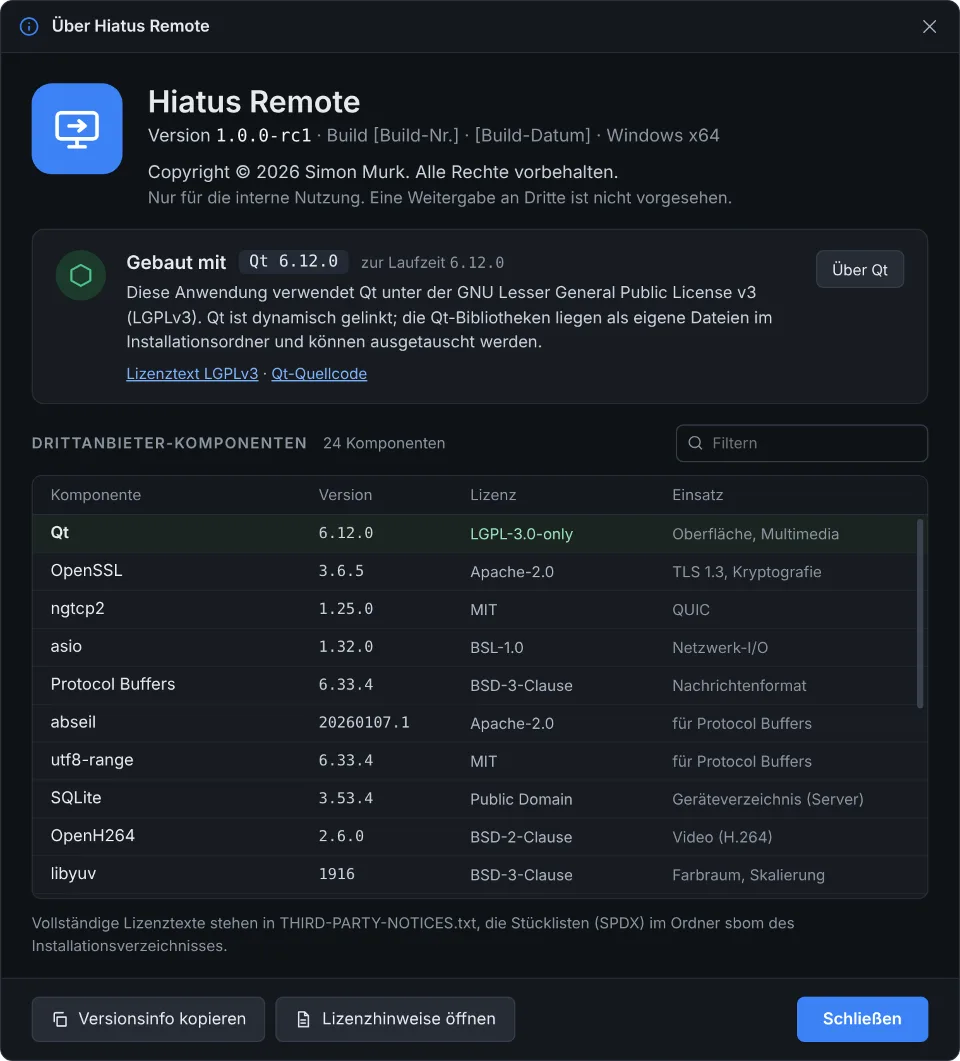 Dialog Über Hiatus Remote mit Version, Copyright, Qt-Hinweis und Tabelle der Drittanbieter-Komponenten