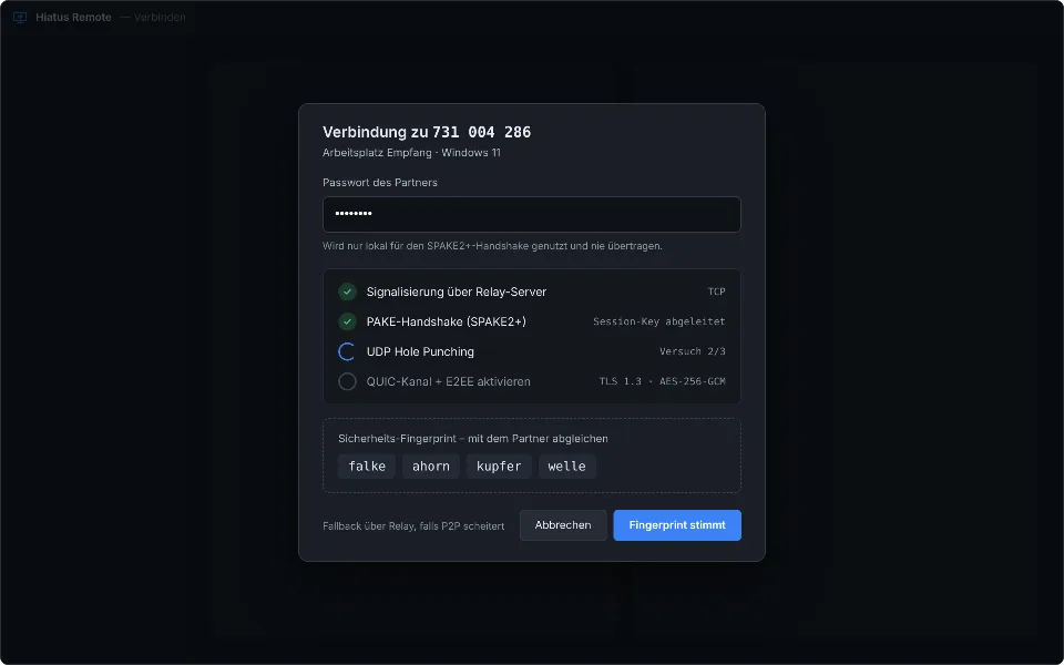 Verbindungsdialog von Hiatus Remote mit Passwortfeld und vier Fingerprint-Wörtern