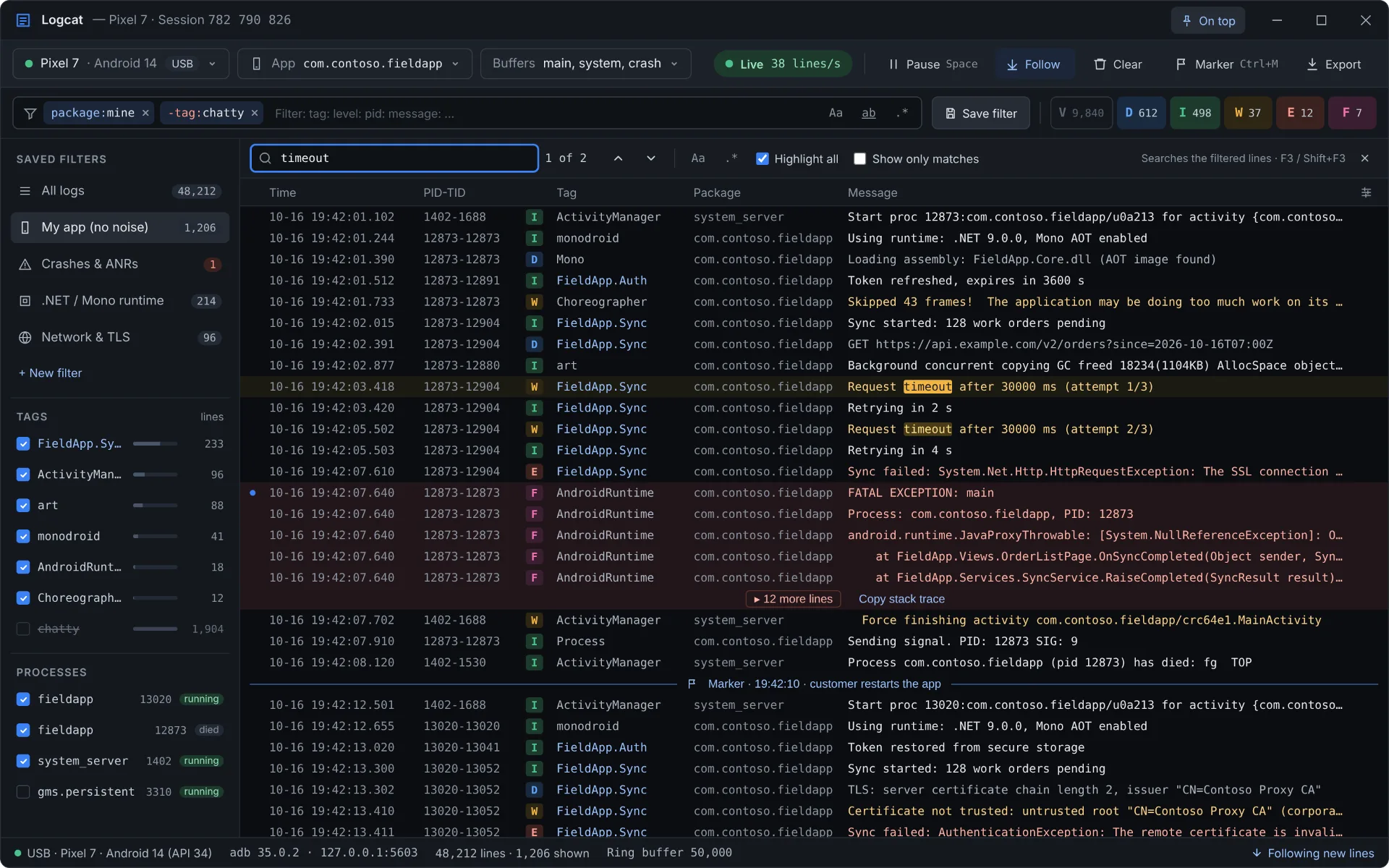 Logcat-Viewer mit Live-Stream, Filterzeile, Seitenleiste, Suchtreffern und eingeklapptem Stacktrace