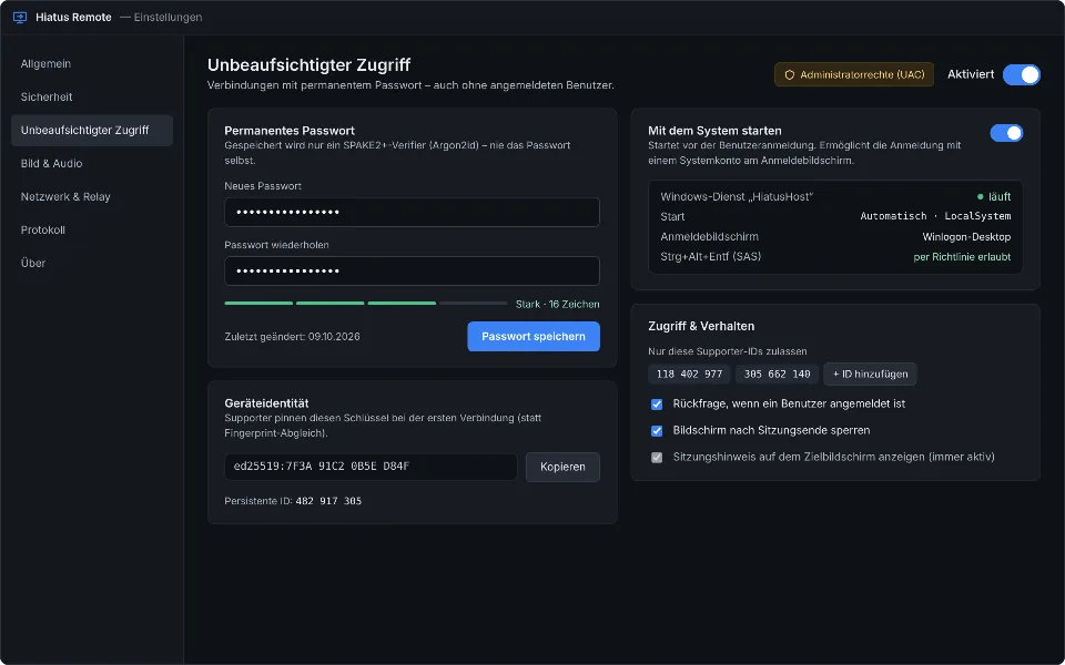 Einstellungen für unbeaufsichtigten Zugriff mit Passwortstärke, Liste zugelassener Supporter und Berechtigungen