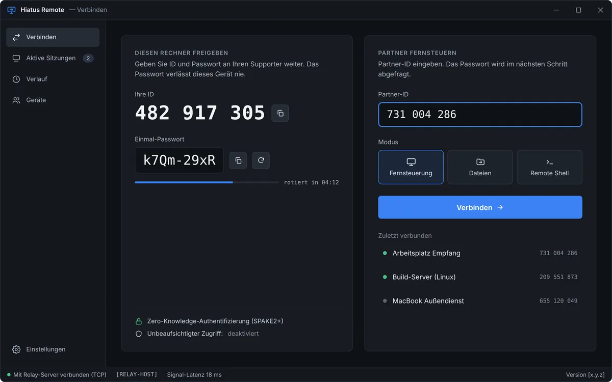 Hauptfenster von Hiatus Remote: eigene ID, Einmal-Passwort und Verbindung zu einem Partner