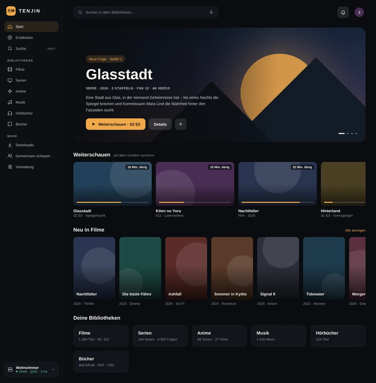 Tenjin-Desktop-Client: Startseite mit der Reihe „Weiterschauen“ und den Bibliotheken