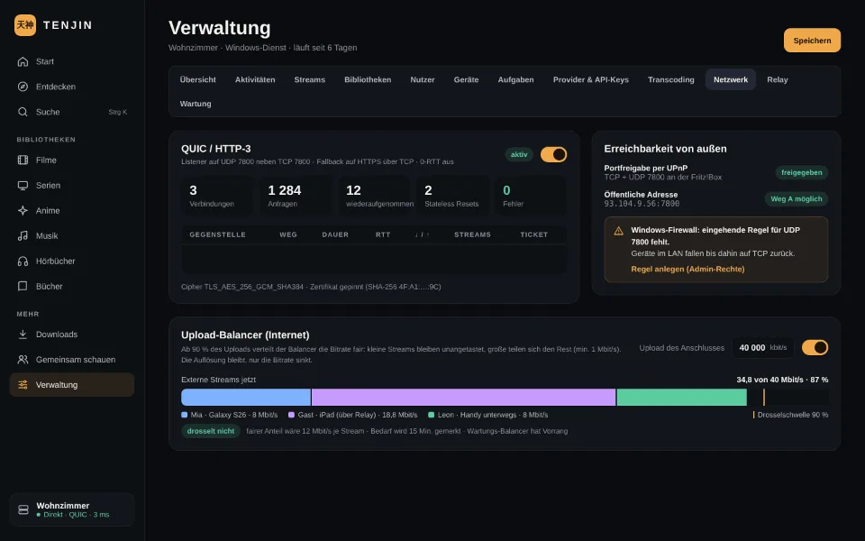 Netzwerkeinstellungen mit QUIC-Schalter, Paketgröße, öffentlicher Adresse und Upload-Balancer