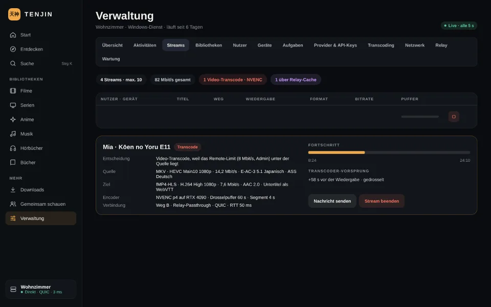 Liste aktiver Streams mit Nutzer, Gerät, Weg A, B oder C, Wiedergabeart und Bitrate