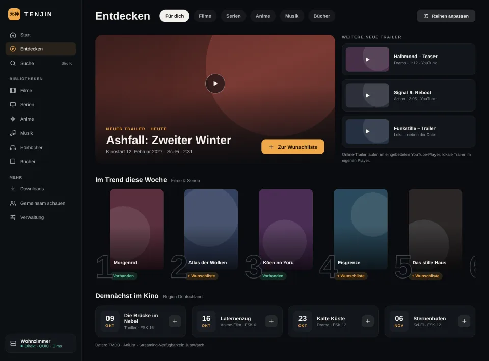 Entdecken-Seite mit Trailer-Hero, Trendreihe mit Rang und Reihen je Streaming-Anbieter