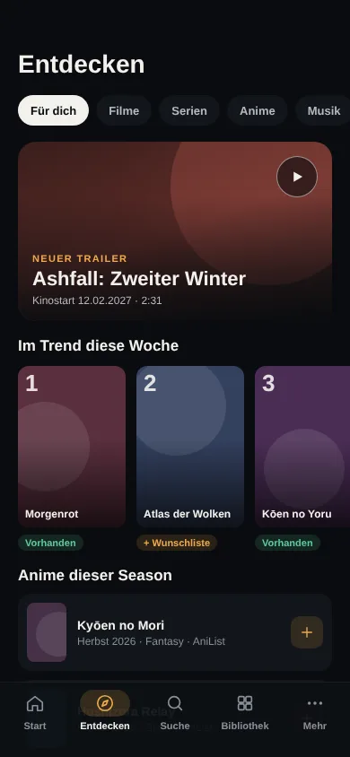 Entdecken-Seite auf einem Smartphone mit Reitern und Posterreihen