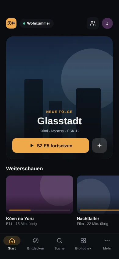 Tenjin-Startseite auf einem Smartphone mit Hero und unterer Navigationsleiste