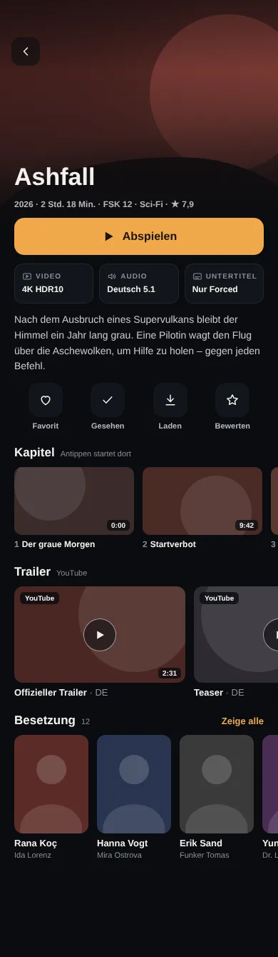 Filmdetail auf einem Smartphone mit Abspielen und Spurwahl als Kacheln