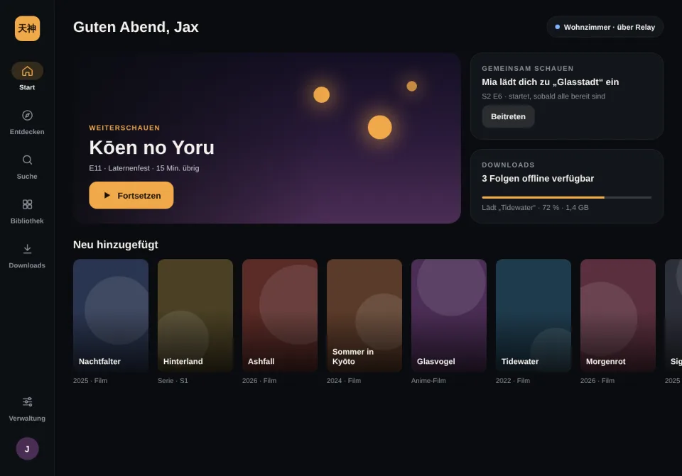 Tenjin-Startseite auf einem Tablet mit schmaler Navigationsleiste links