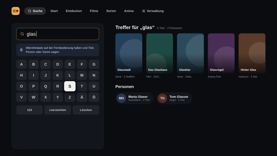 Suchseite auf einem Fernseher mit Bildschirmtastatur und Mikrofon-Symbol